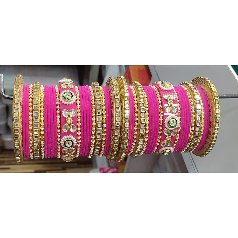Lucentarts Jewellery Thread And Acrylic Kundan Stone Gold Plated Bangles Set