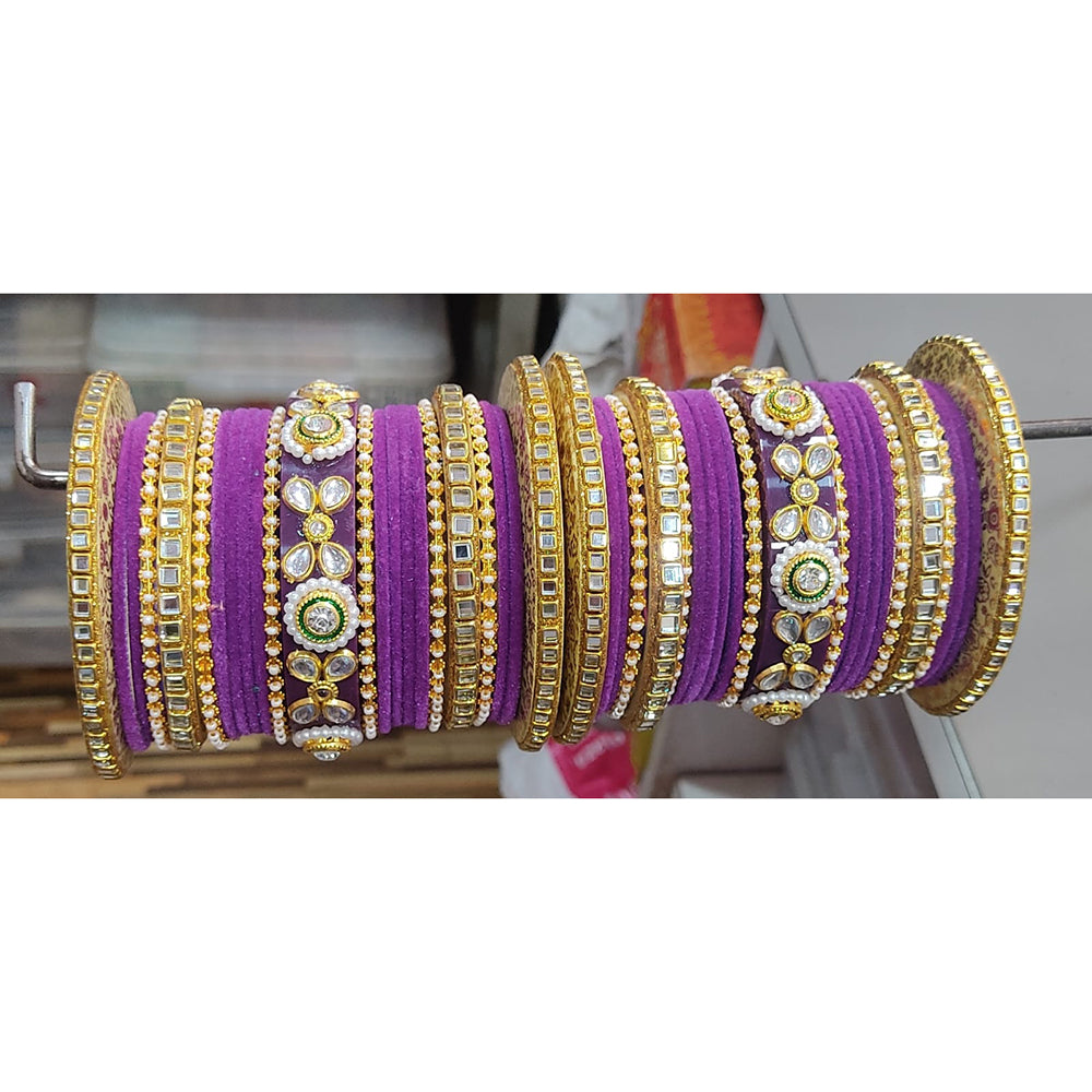 Lucentarts Jewellery Thread And Acrylic Kundan Stone Gold Plated Bangles Set