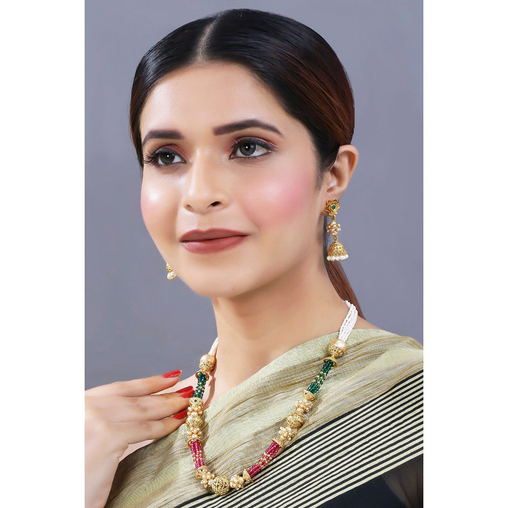 Etnico 18K Gold Plated Intricately Designed Traditional Long Emerald Green Multi String Brass Necklace Set With Earrings (MC032)