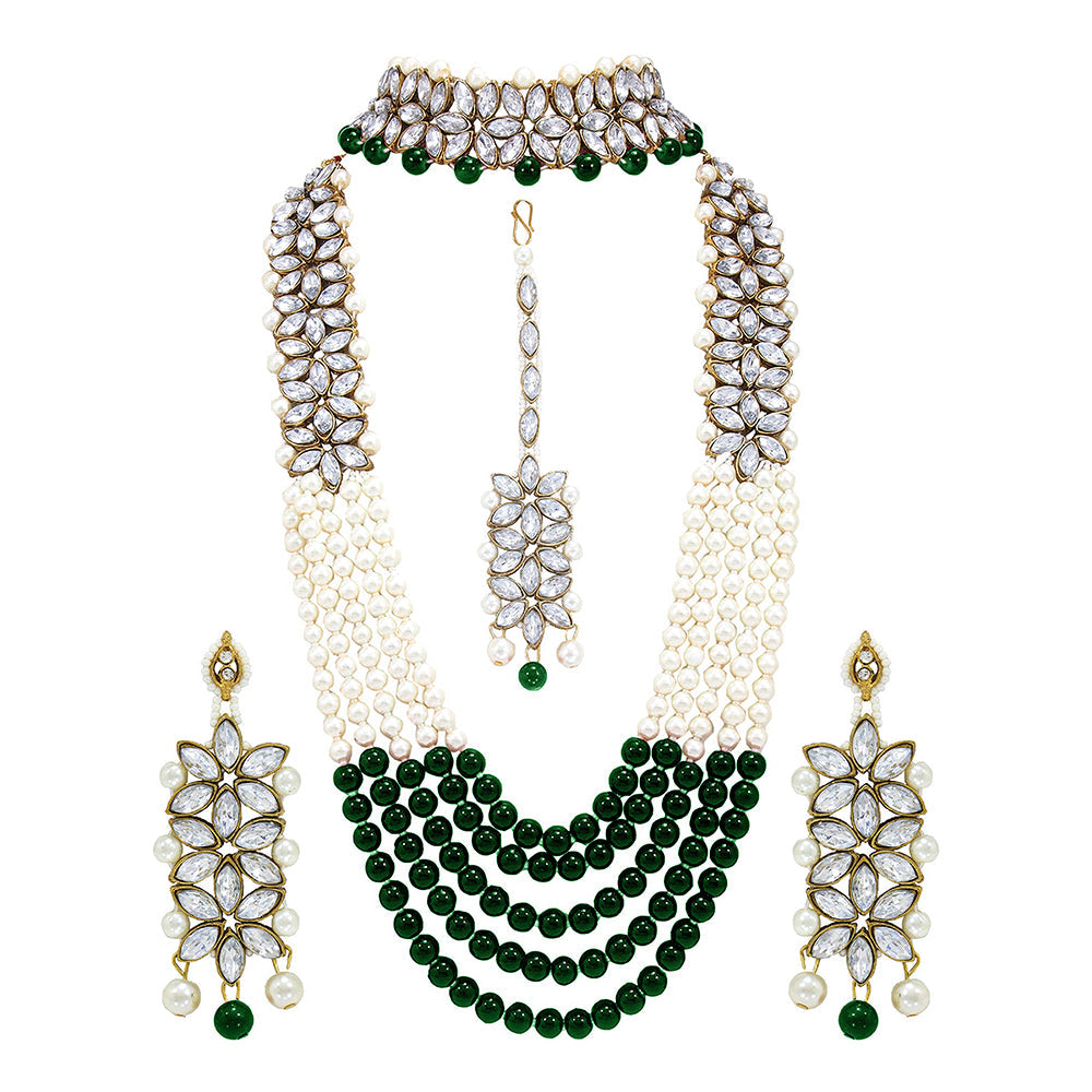 Etnico 18K Gold Plated Traditional 5 Layers Kundan & Pearl Beaded Moti Raani Haar Necklace Jewellery Set For Women (ML164GCO)