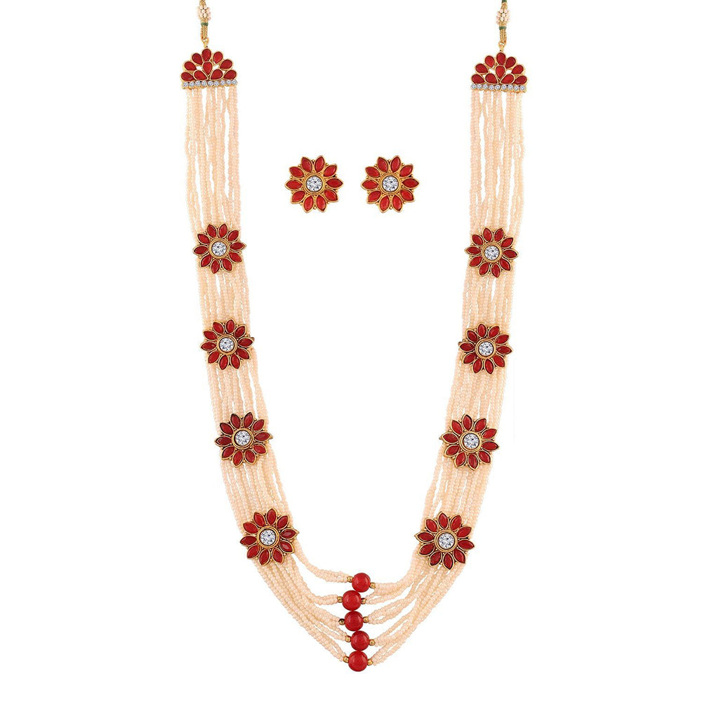 EtnicoTraditional Gold Plated Multi Layered Pearl & Kundan Long Necklace Jewellery Set for Women (ML234M)