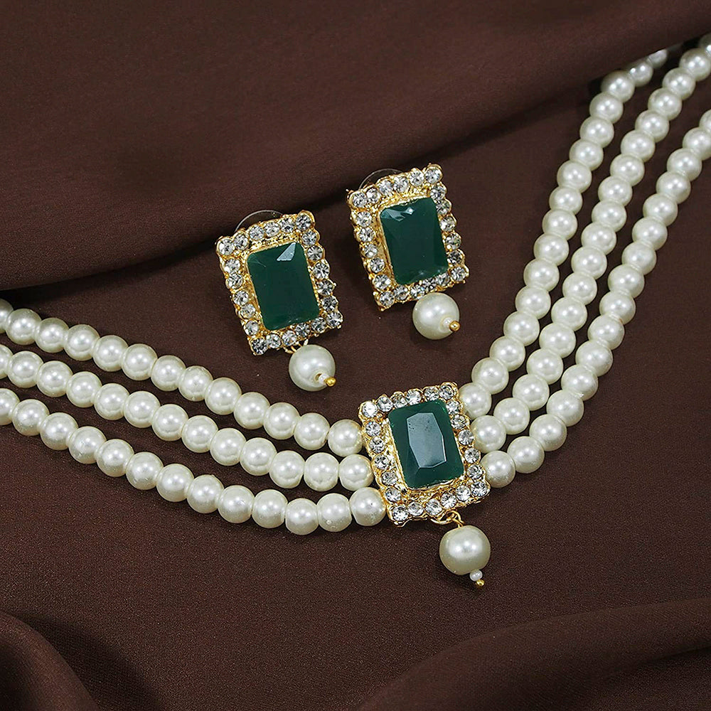Etnico 18K Gold Plated Traditional Handcrafted Stone Studded Pearl Choker Necklace Jewellery Set with Earrings For Women (ML237G)