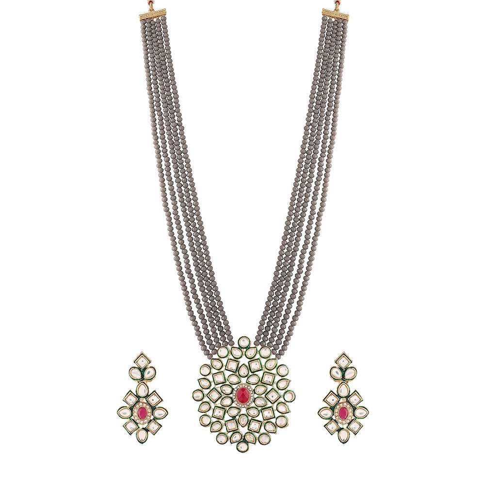 Etnico 5 Layered Emerald Onyx Crystal Beads Necklace Jewellery Set Glided With Uncut Polki Kundan for Women/Girls (ML269Gr)
