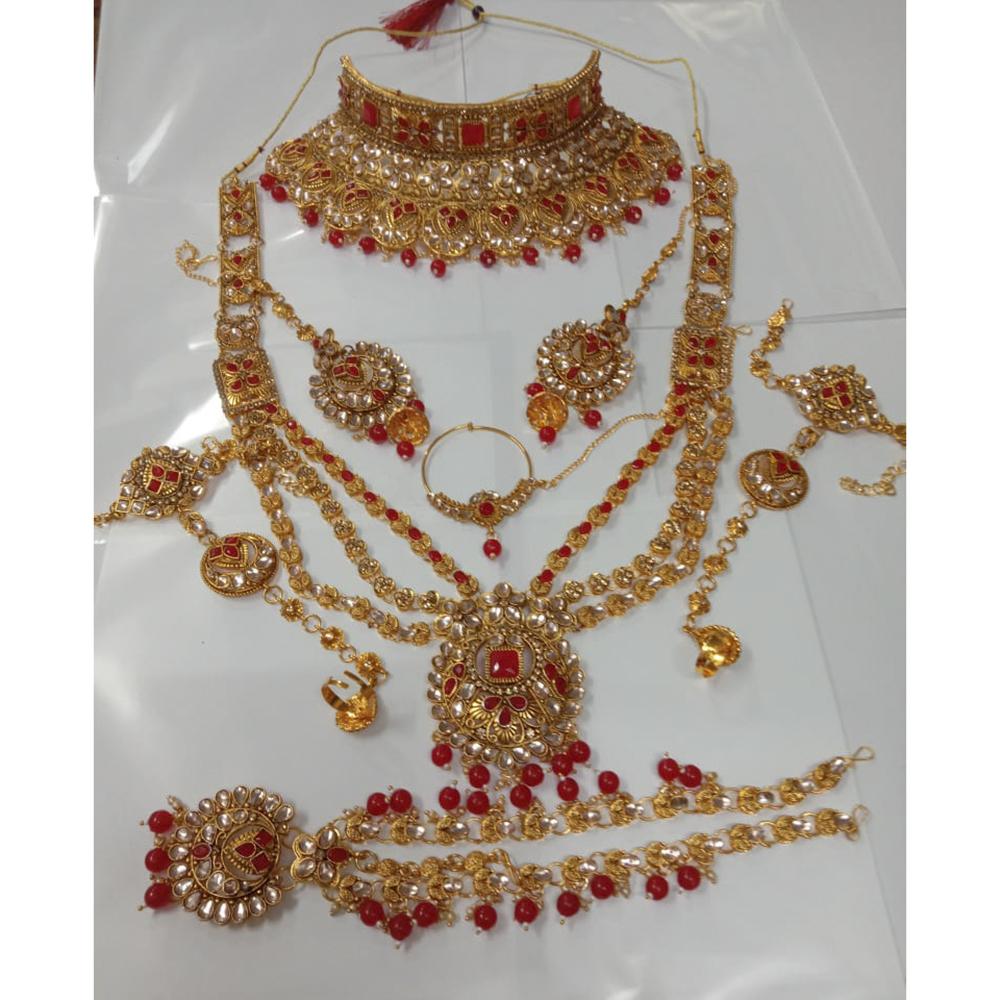 Neetu Art Gold Plated Red Stone And Kundan Bridal Jewellery Set for Women - NABridal26