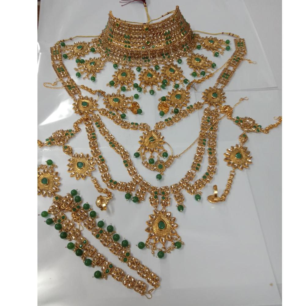 Neetu Art Gold Plated Green Stone And Kundan Bridal Jewellery Set for Women - NABridal31