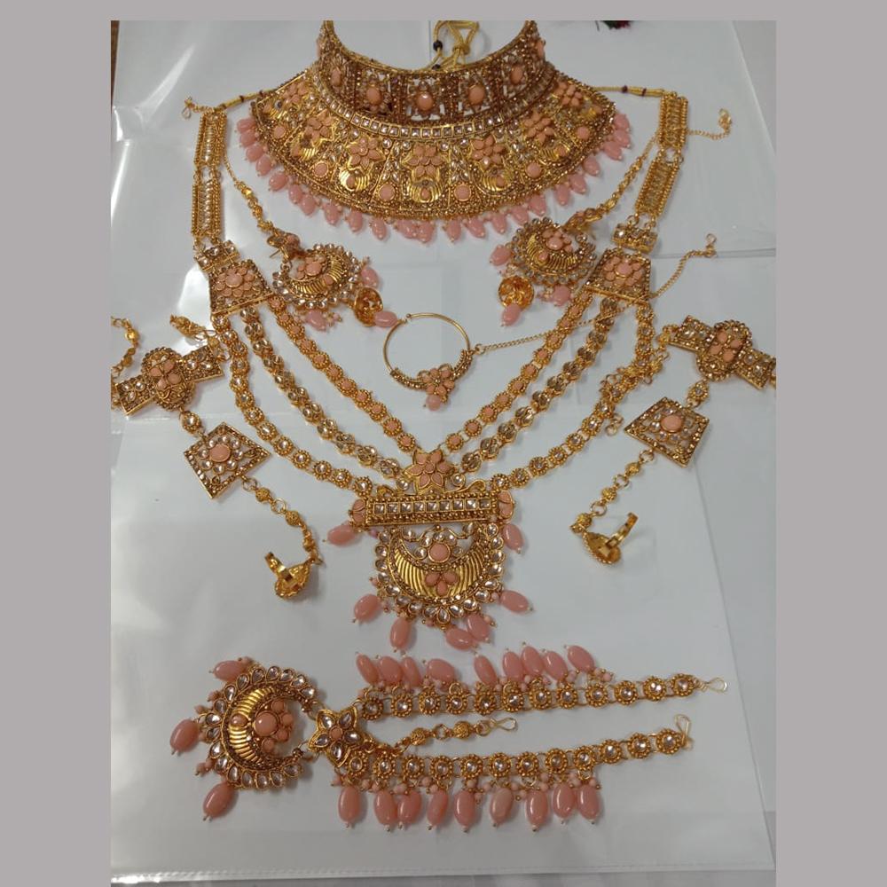 Neetu Art Gold Plated Peach Stone And Kundan Bridal Jewellery Set for Women - NABridal35