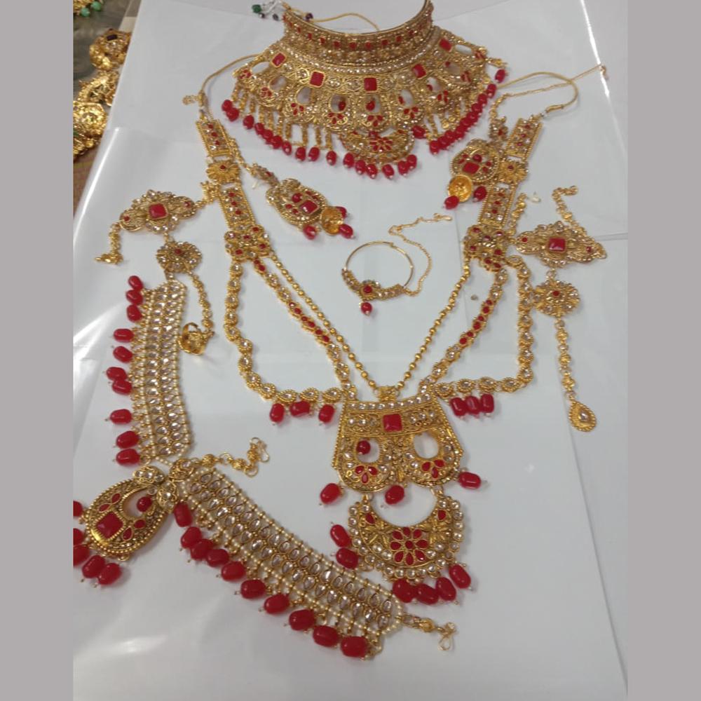Neetu Art Gold Plated Red Stone And Kundan Bridal Jewellery Set for Women - NABridal36