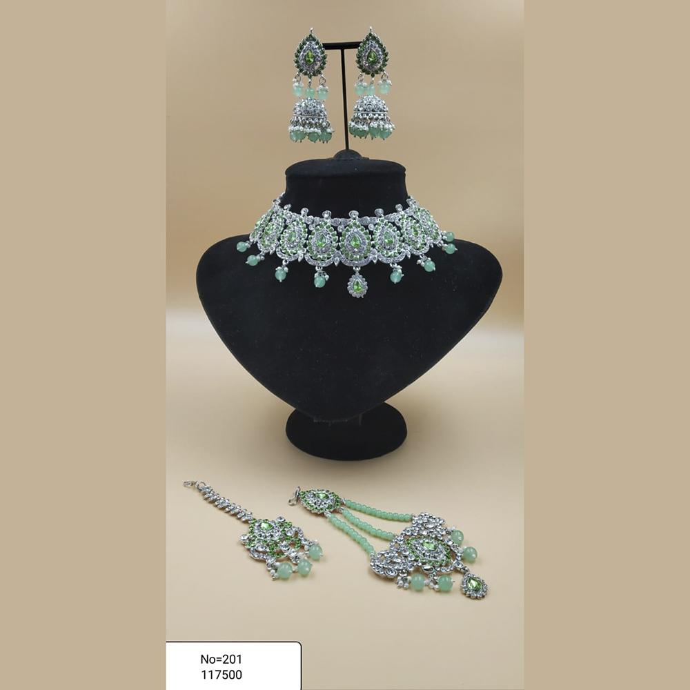 Padmawati Bangles Silver Plated White And Green Austrian Stone Necklace Set With Maang Tikka - PBNECK85