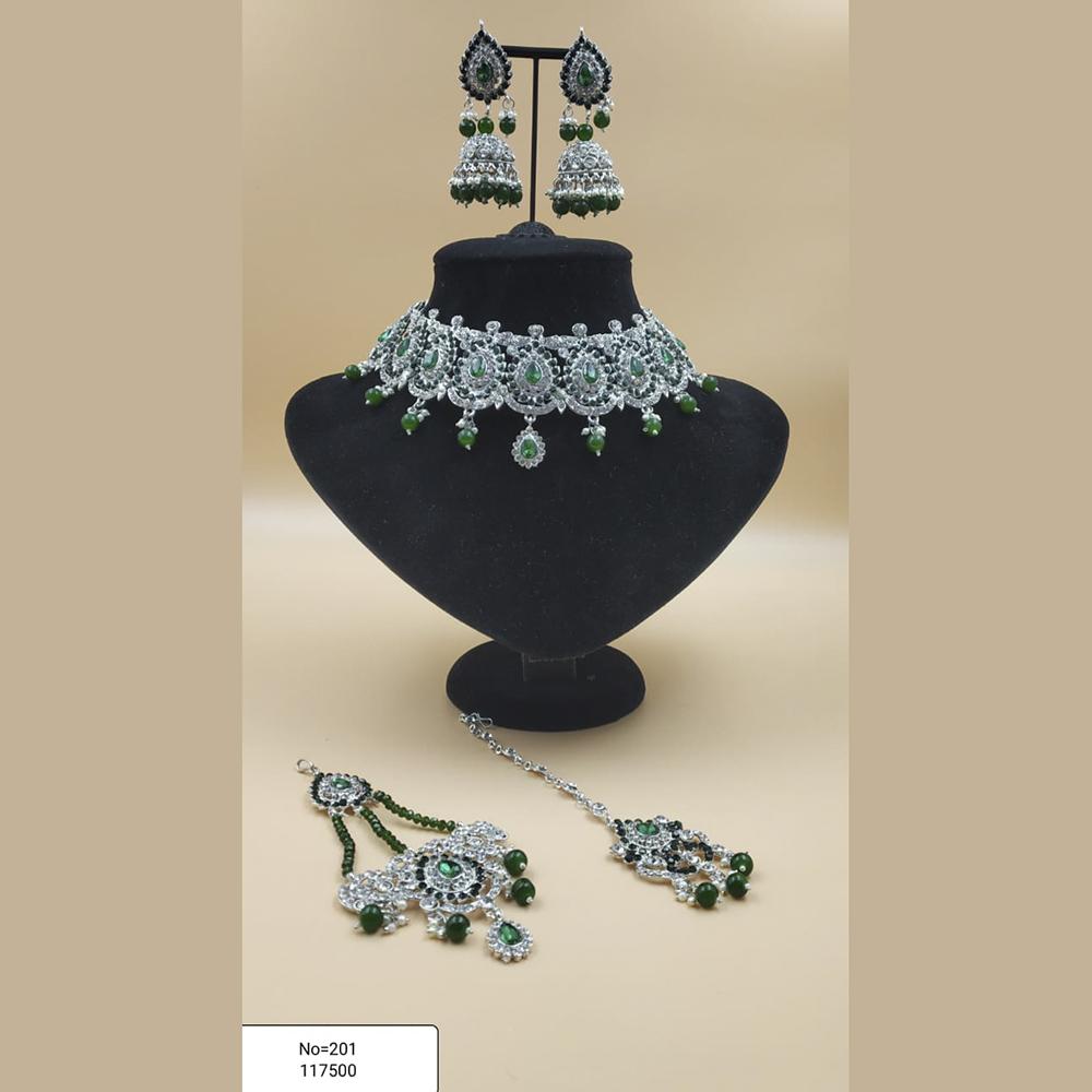 Padmawati Bangles Silver Plated White And Green Austrian Stone Necklace Set With Maang Tikka - PBNECK86