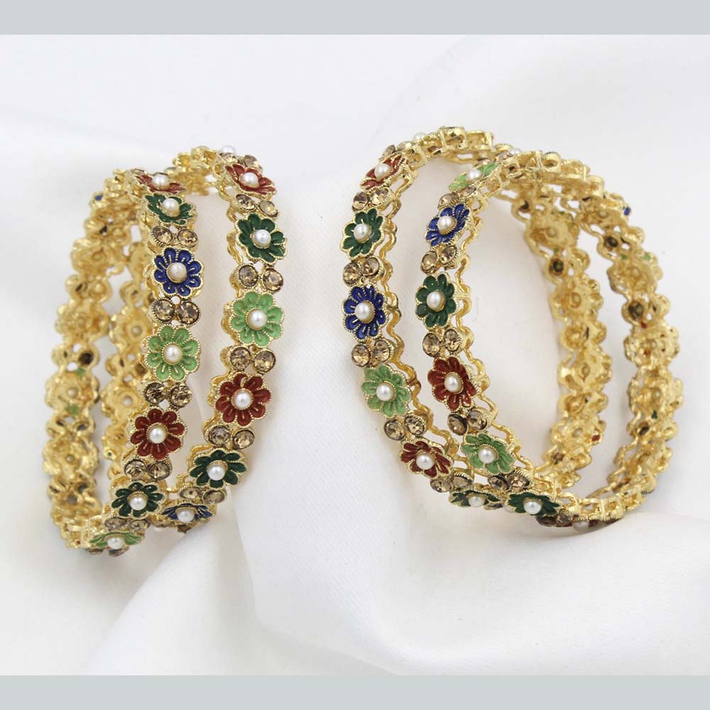 Pooja Bangles Gold Plated Multi Meenakri & Pearl Bangles Set
