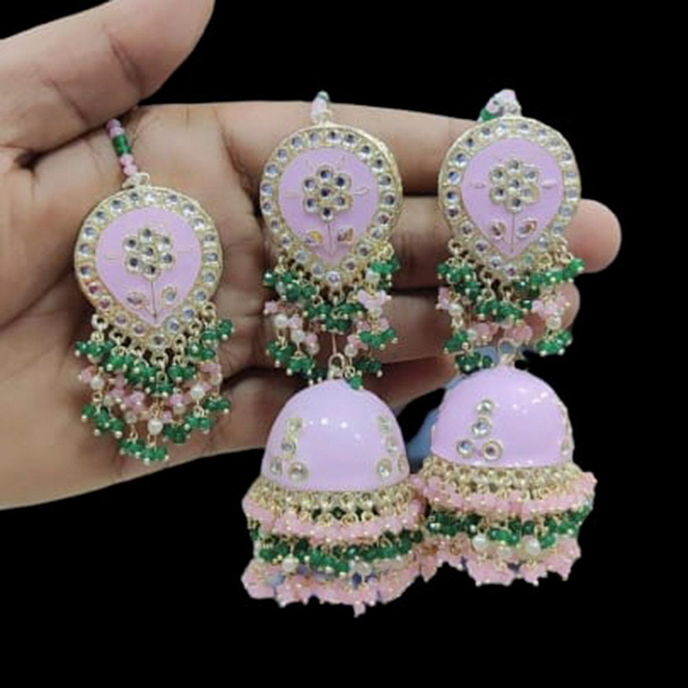Pooja Bangles Kundan Stone & Meenakari Jhumki Earrings With Maang Tikka