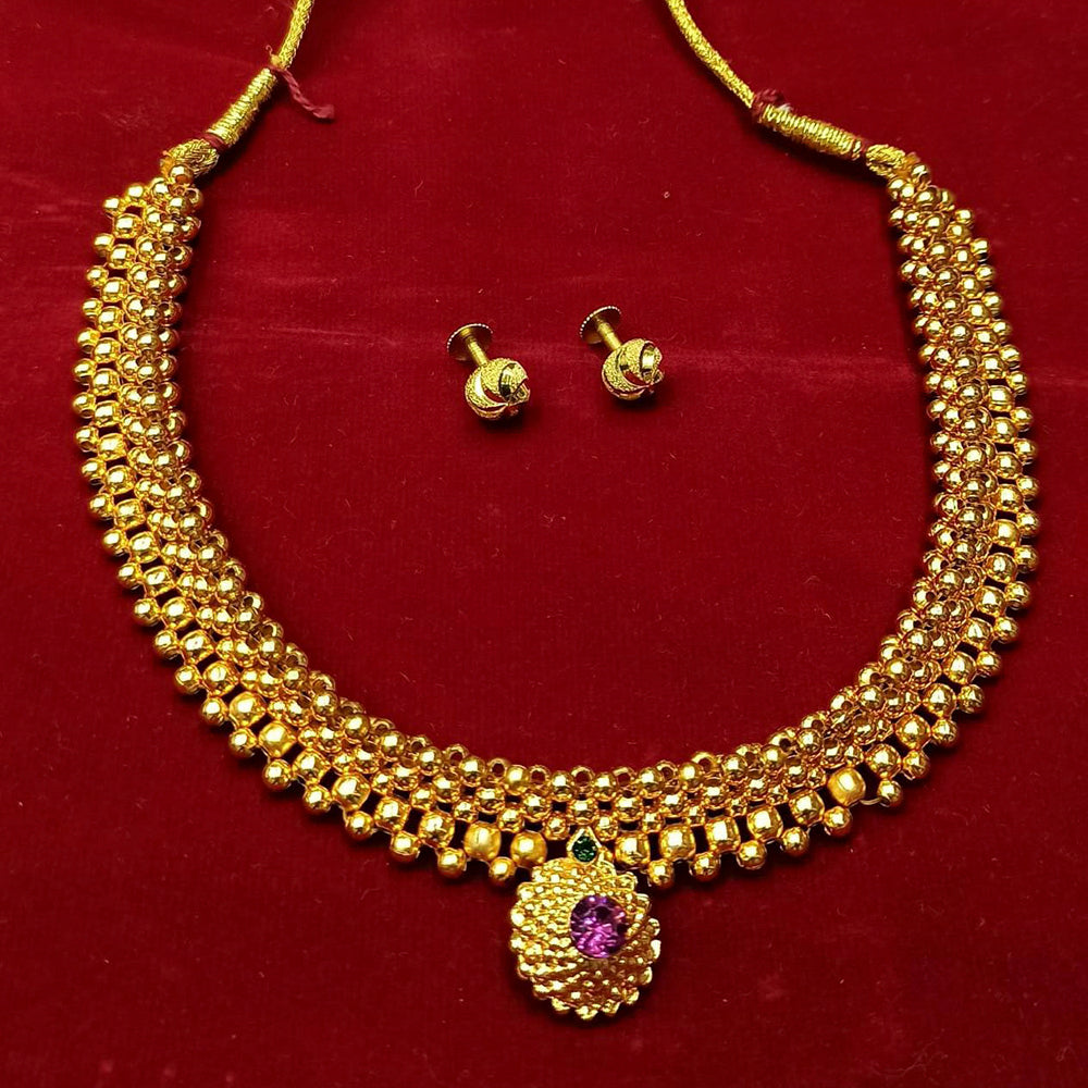 Pooja Bangles Gold Palted Pink Stone Maharashtrian Traditional Necklace Set