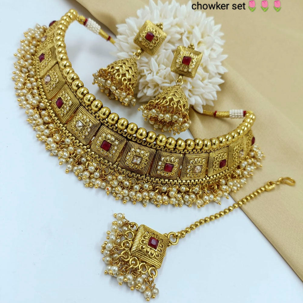 Pooja Bangles Gold Plated Kundan Stone & Pearl Choker Necklace Set