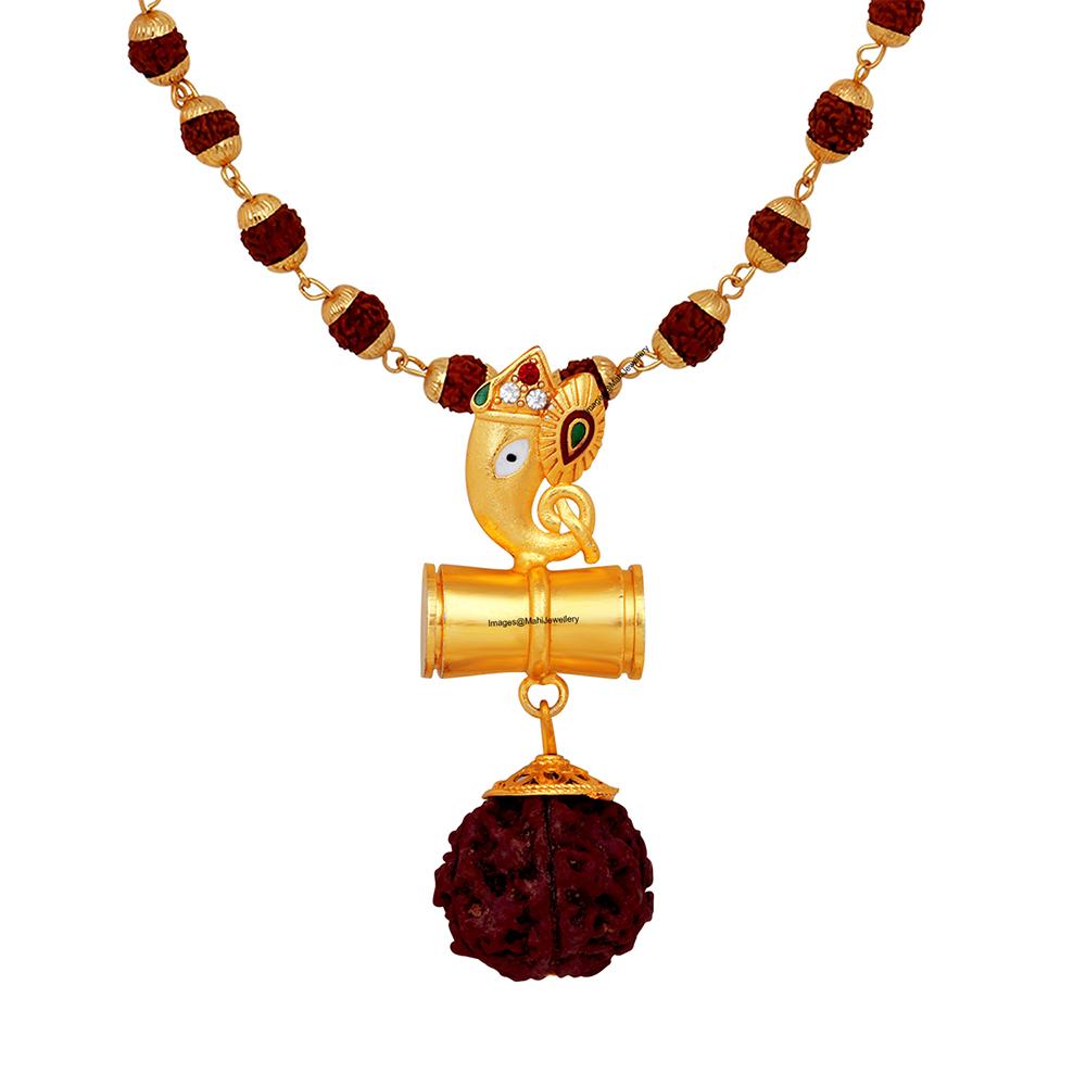 Mahi Lord Ganesha and Shivji Damru Religious Pendant with 24 Inch Rudraksh Mala for Men and Women (PS1101704G)