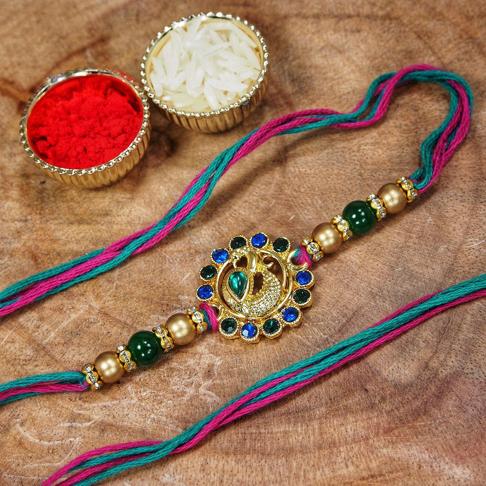Etnico Gold Plated Ethnic Peacock Design Beads Kundan Rakhi Bracelet with Roli Chawal for Brother/Men (R047-2) (Pack of 2 Pcs)