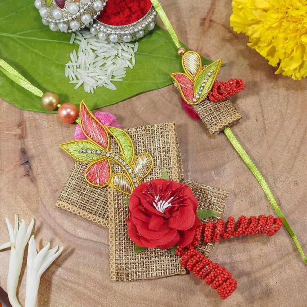 Etnico Designer Bhaiya Bhabhi Hanging Lumba Rakhi Combo Set With Roli Chawal for Rakshabhandan (R052-CO)