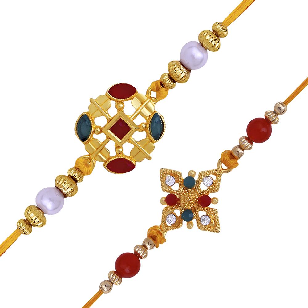 Mahi Combo of 2 Designer Multicolor Crystals and Artificial Pearl Rakhi's for Brother (RCO1105246G)