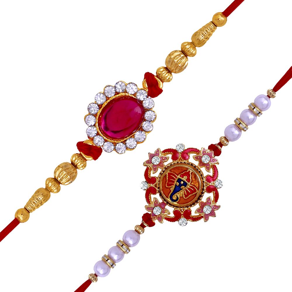 Mahi Combo of 2 Designer Pink, White Crystals and Artificial Pearl Rakhi's for Brother (RCO1105248G)