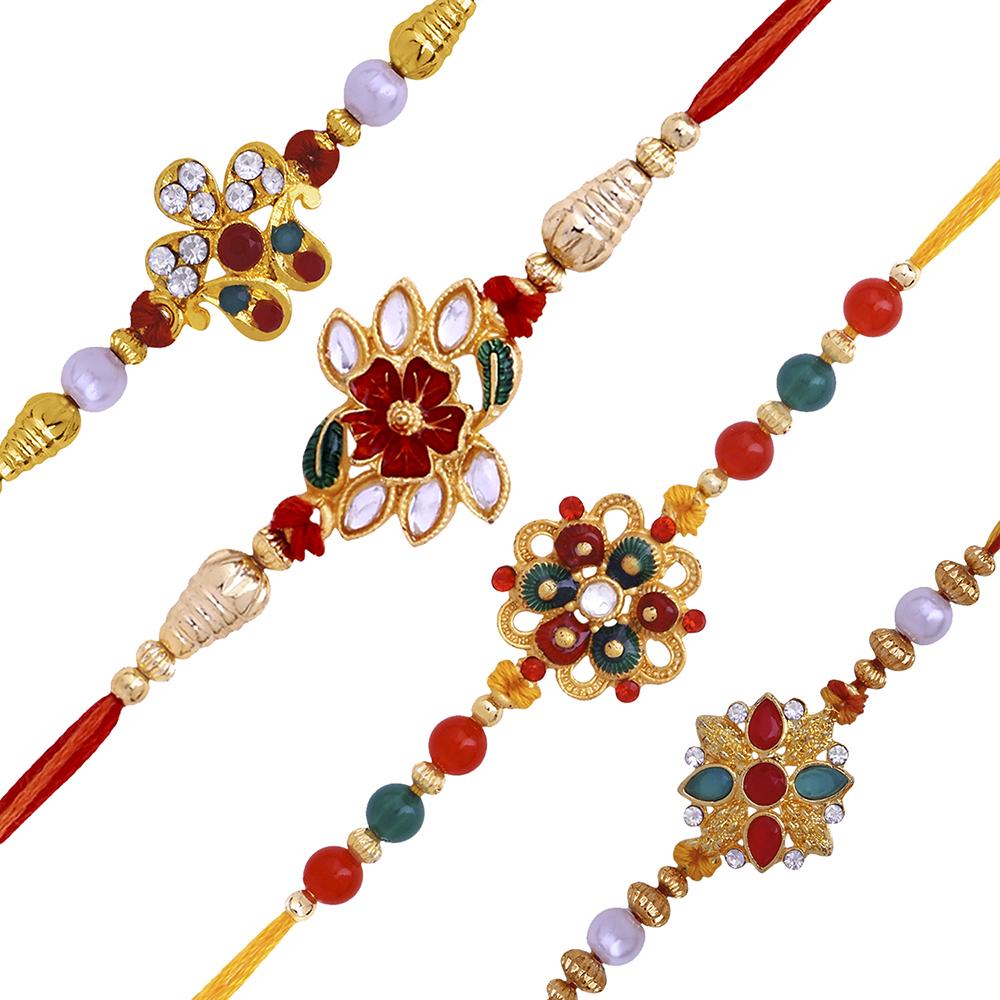 Mahi Combo of 4 Designer Multicolor Crystals Rakhi's for Brother (RCO1105255G)