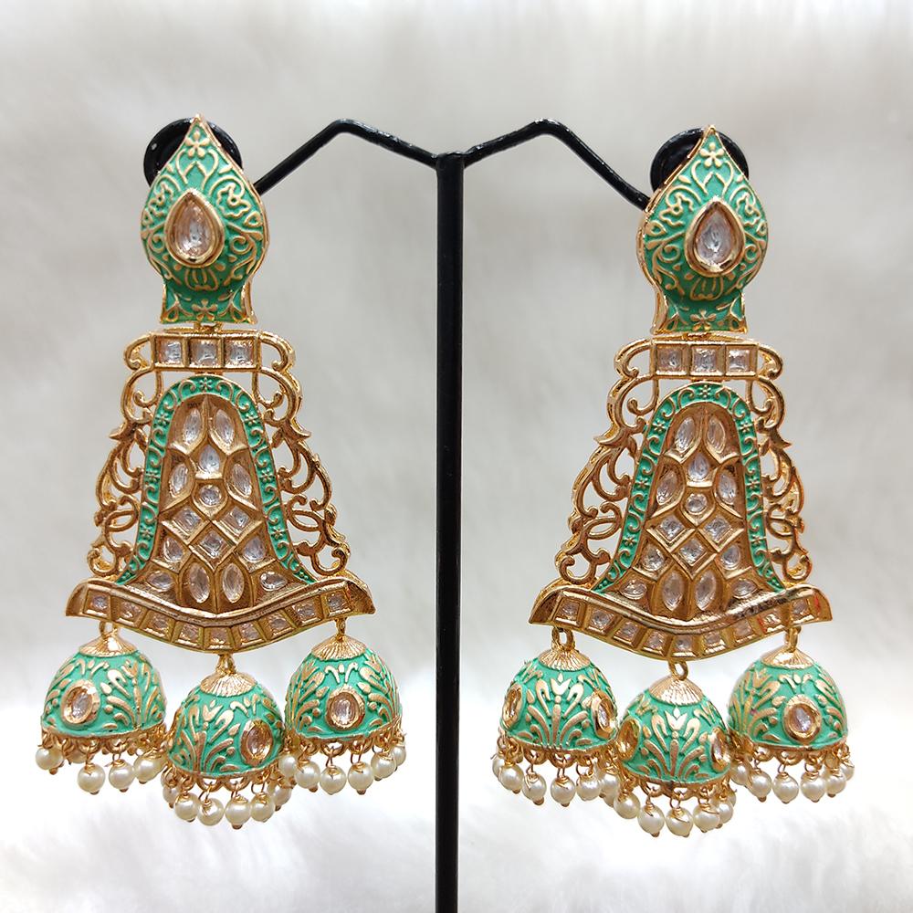 Tarangavi Green Matte Kundan Brass Jhumka Earrings