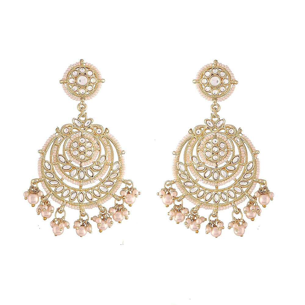Etnico18K Gold Plated Traditional Big Kundan & Pearl Chandbali Earrings with Maang Tikka Set for Women/Girls (TE3002W)