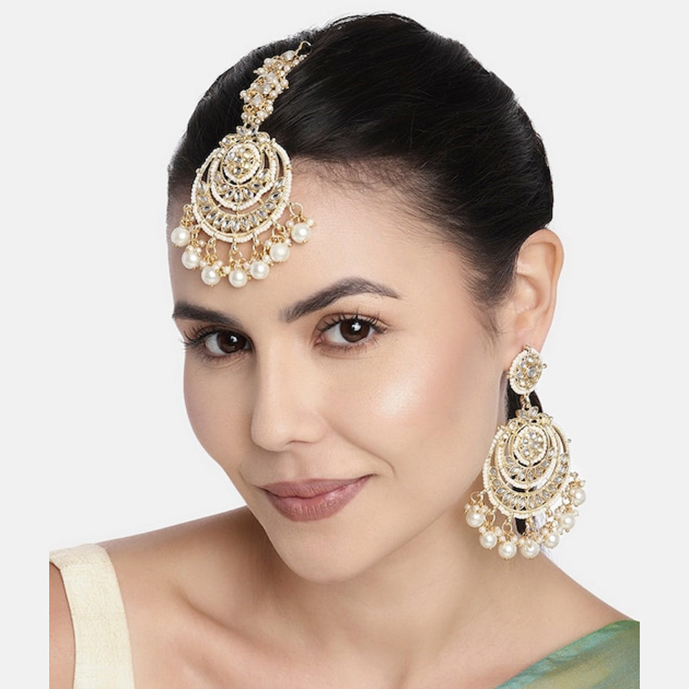 Etnico18K Gold Plated Traditional Big Kundan & Pearl Chandbali Earrings with Maang Tikka Set for Women/Girls (TE3002W)
