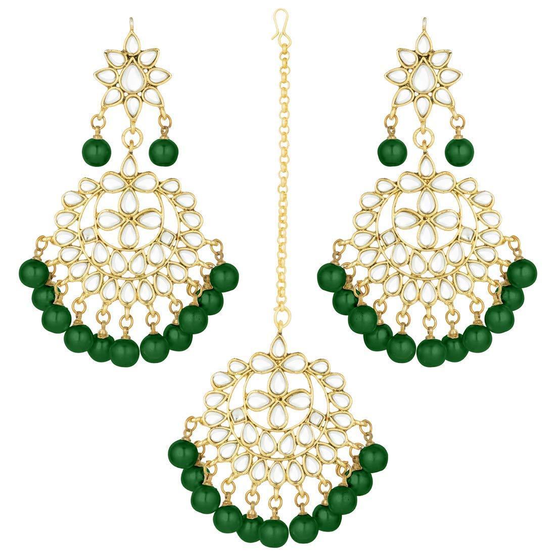Etnico Gold Plated Alloy Traditional Kundan Pearl Earrings and Maang Tikka for Women (TE7058G)