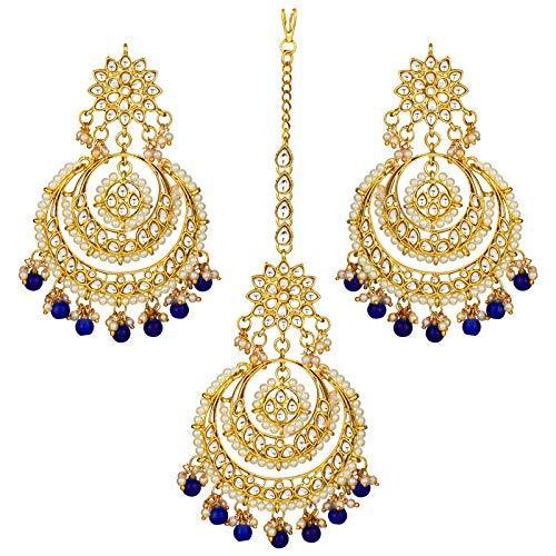 Etnico Traditional Gold Plated Wedding Chandbali Kundan & Pearl Earring Set With Maang Tikka for Women (TE7077BL)