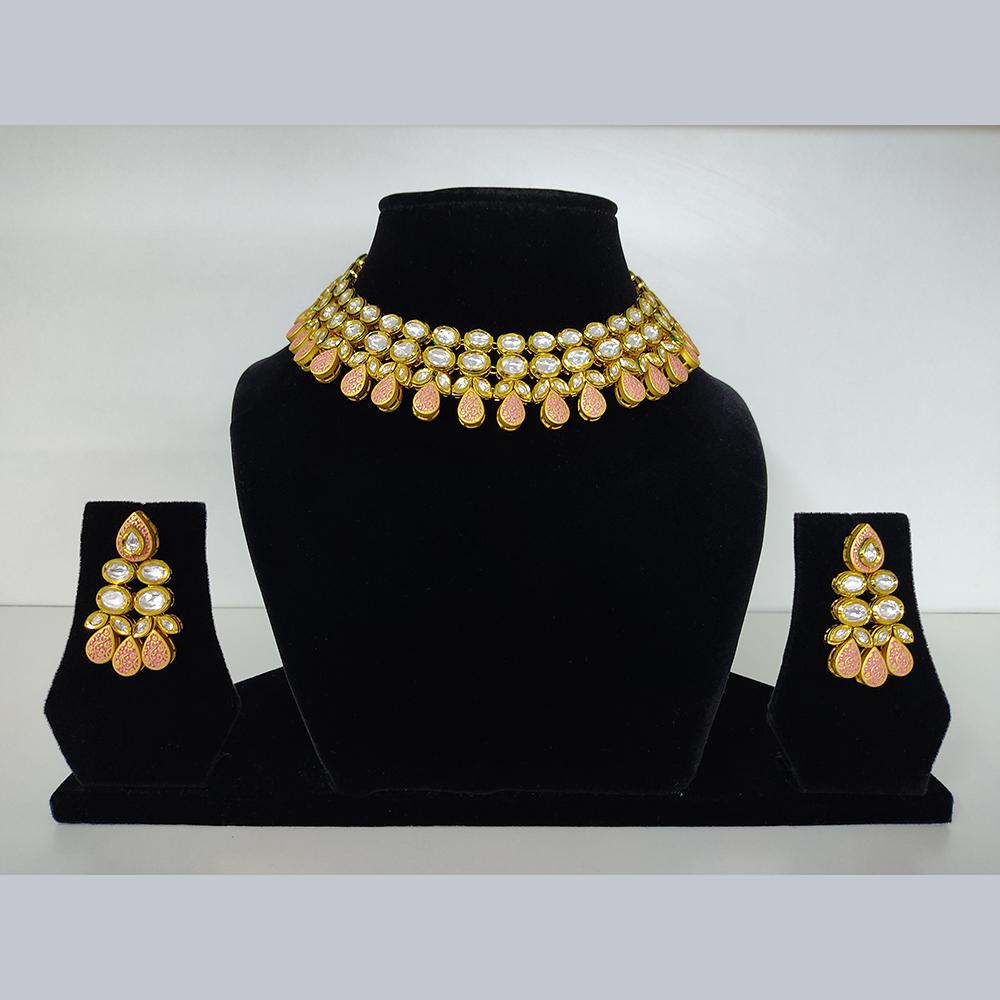 Tarangavi Pink Matte Kundan Gold Plated Choker Necklace Set