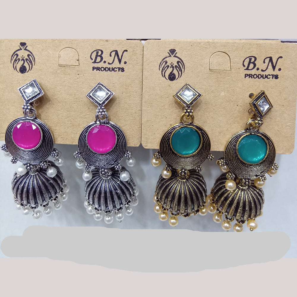 Tip Top Jewellers Royal Pota Stone And Pearl Designer Jhumki Earrings (Assorted Color)  (Pack of 12)