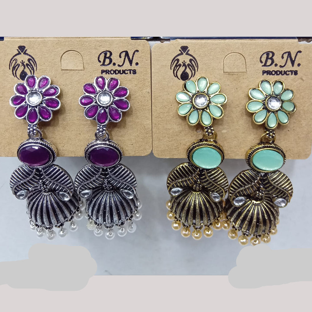 Tip Top Jewellers Royal Pota Stone And Pearl Designer Jhumki Earrings (Assorted Color)  (Pack of 12)
