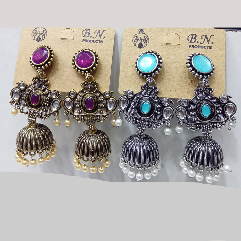 Tip Top Jewellers Royal Pota Stone And Pearl Designer Jhumki Earrings (Assorted Color)  (Pack of 12)