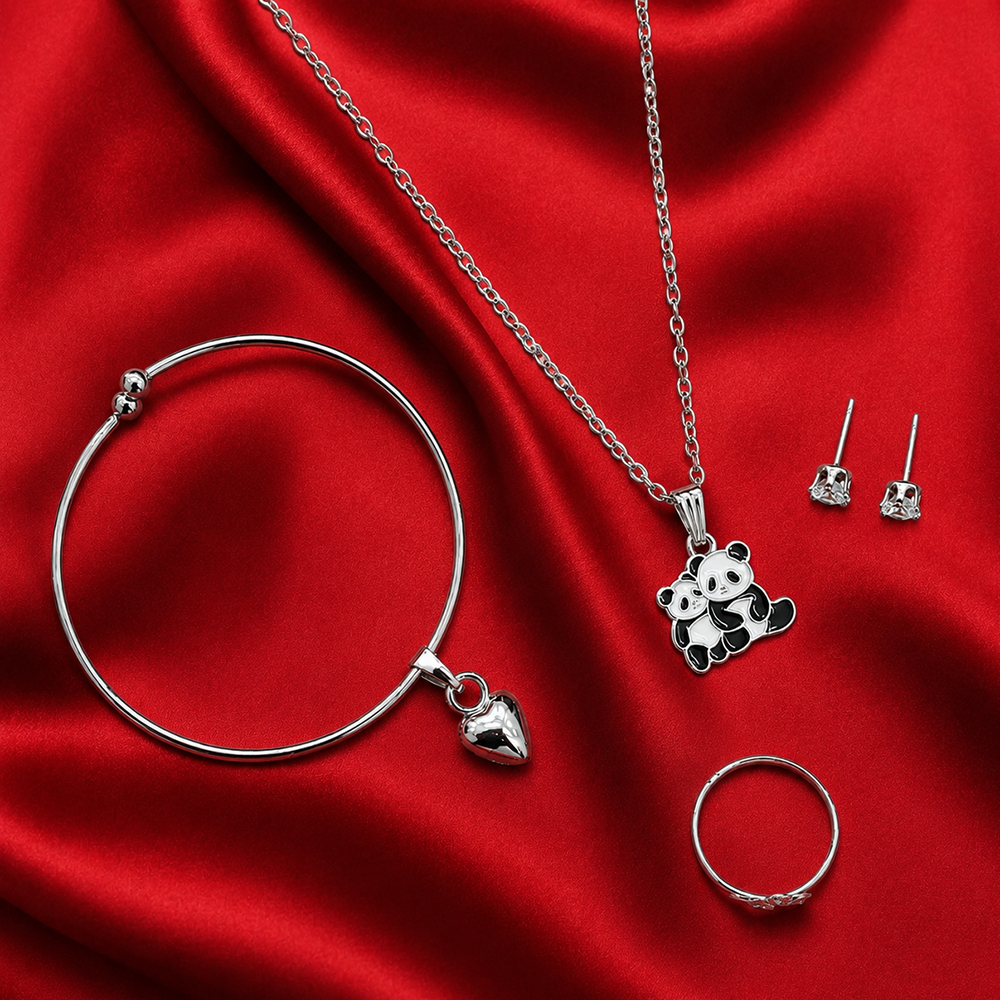 Urthn  Silver Plated Chain Pendant Earrings Rings And Bracelet Jewellery Combo Set