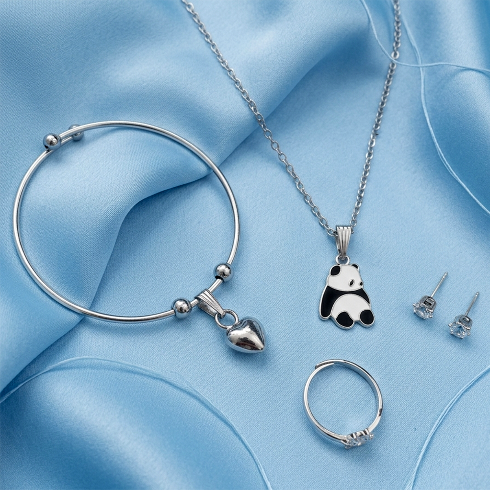 Urthn  Silver Plated Chain Pendant Earrings Rings And Bracelet Jewellery Combo Set