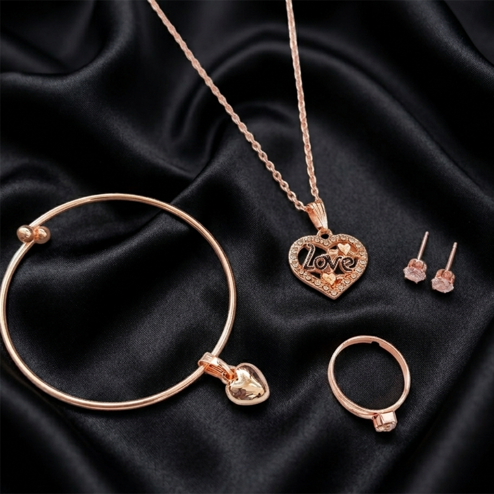 Urthn  Rose Gold Plated Chain Pendant Earrings Rings And Bracelet Jewellery Combo Set