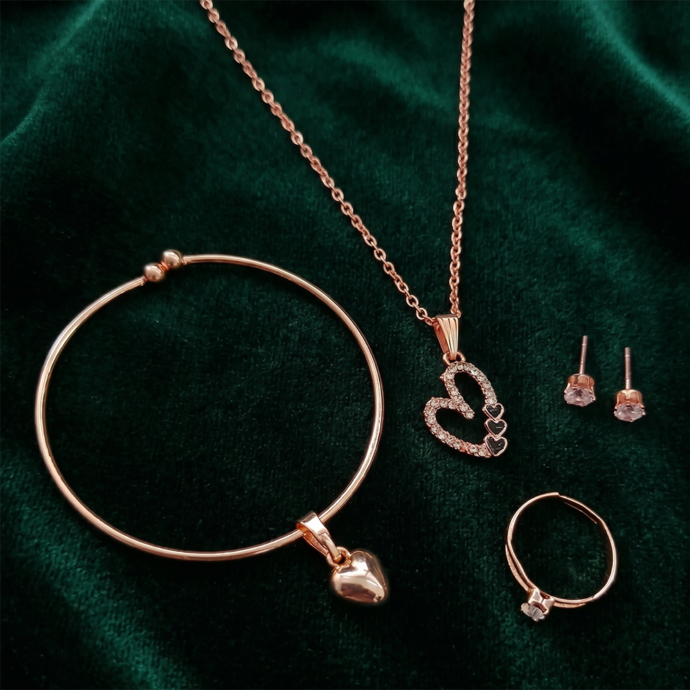 Urthn  Rose Gold Plated Chain Pendant Earrings Rings And Bracelet Jewellery Combo Set