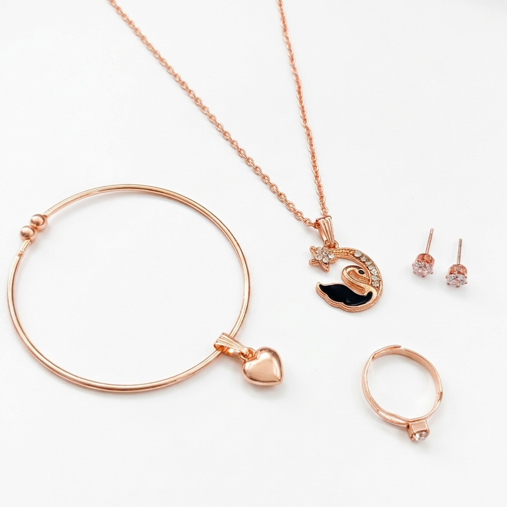 Urthn  Rose Gold Plated Chain Pendant Earrings Rings And Bracelet Jewellery Combo Set (Pack of 6)