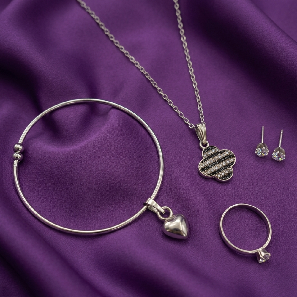 Urthn  Silver Plated Chain Pendant Earrings Rings And Bracelet Jewellery Combo Set