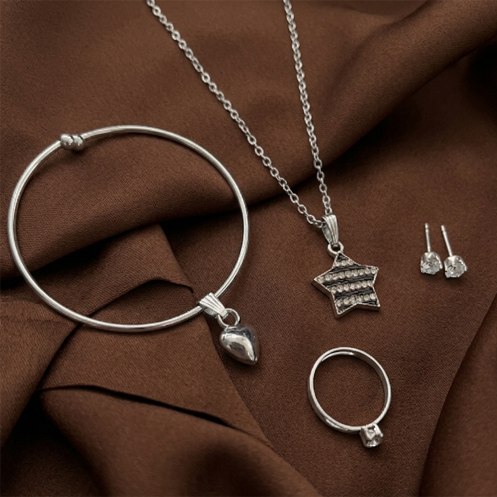 Urthn  Silver Plated Chain Pendant Earrings Rings And Bracelet Jewellery Combo Set