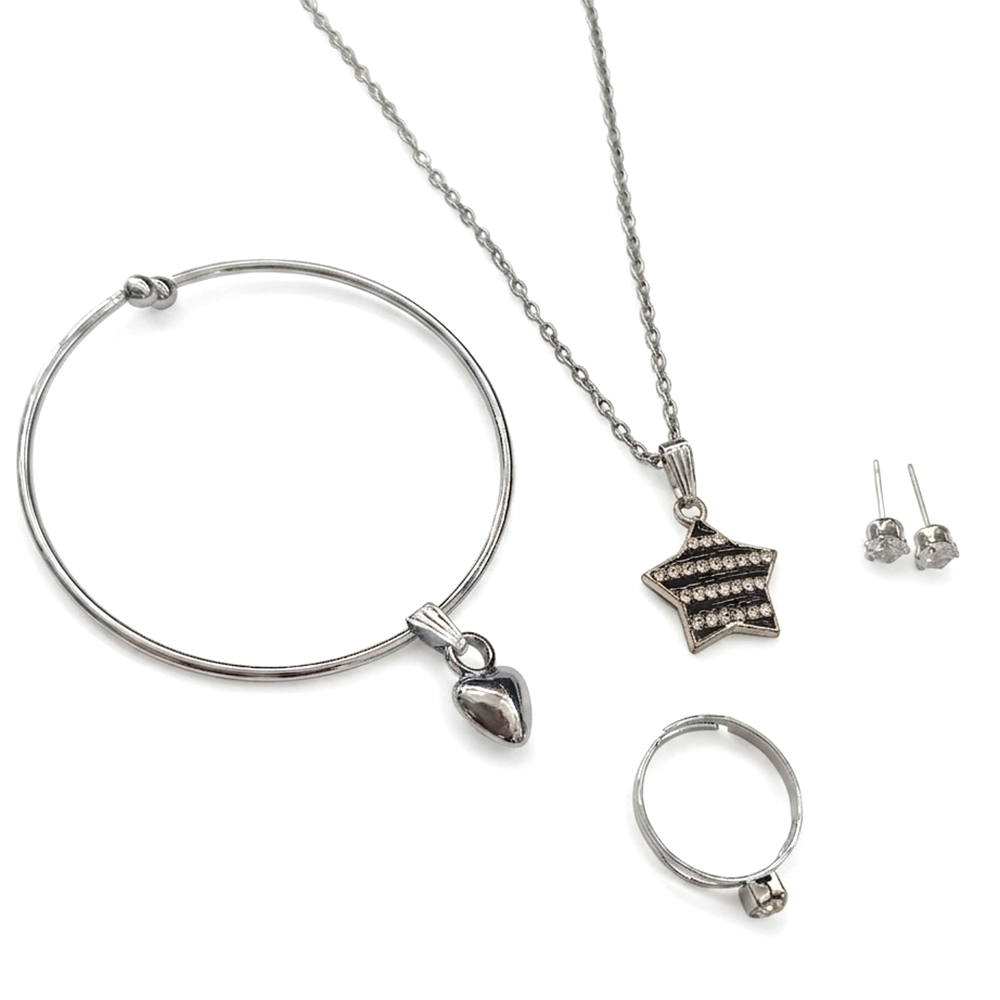 Urthn  Silver Plated Chain Pendant Earrings Rings And Bracelet Jewellery Combo Set (Pack of 6)