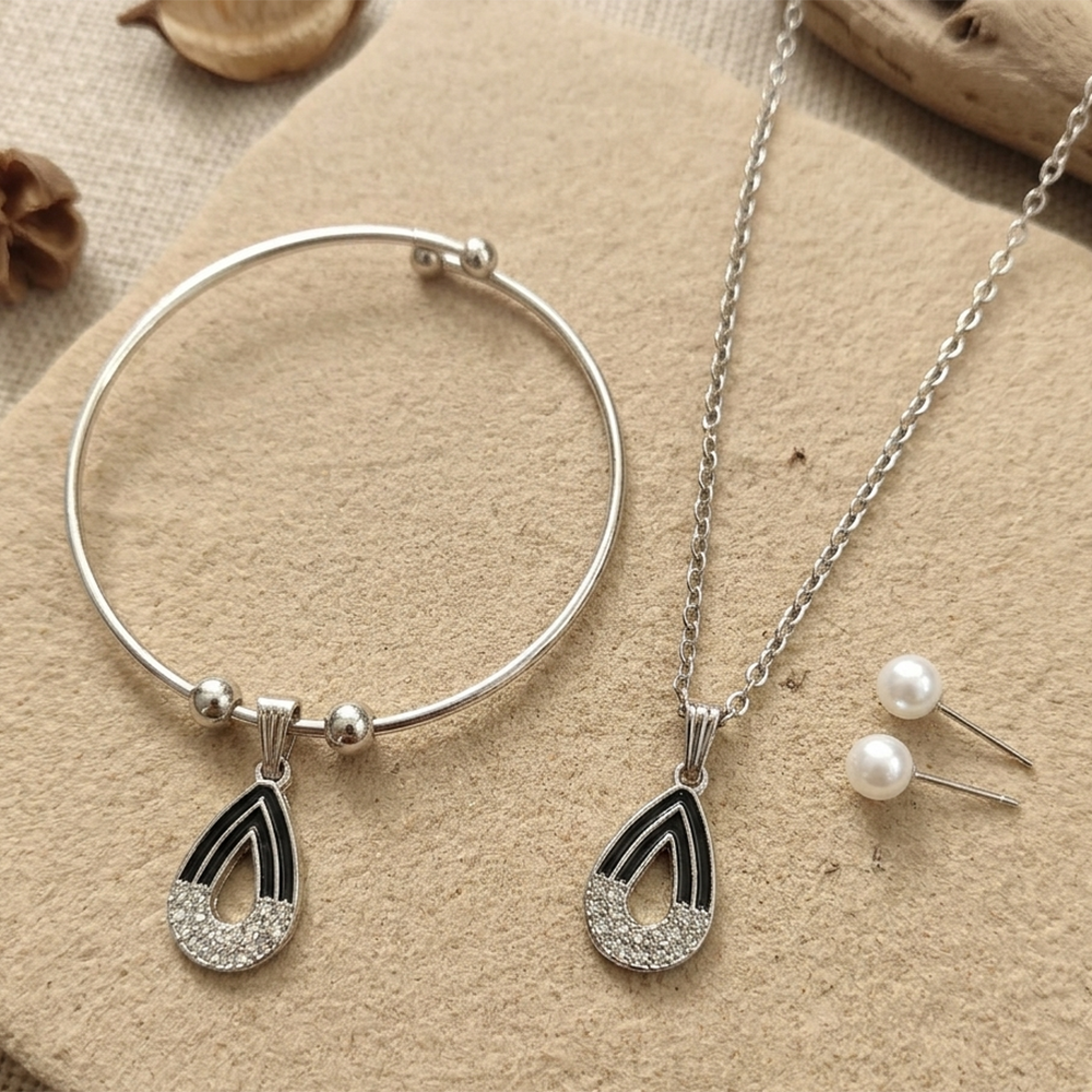 Urthn Silver Plated Chain Pendant Earrings And Bracelet Jewellery Combo Set
