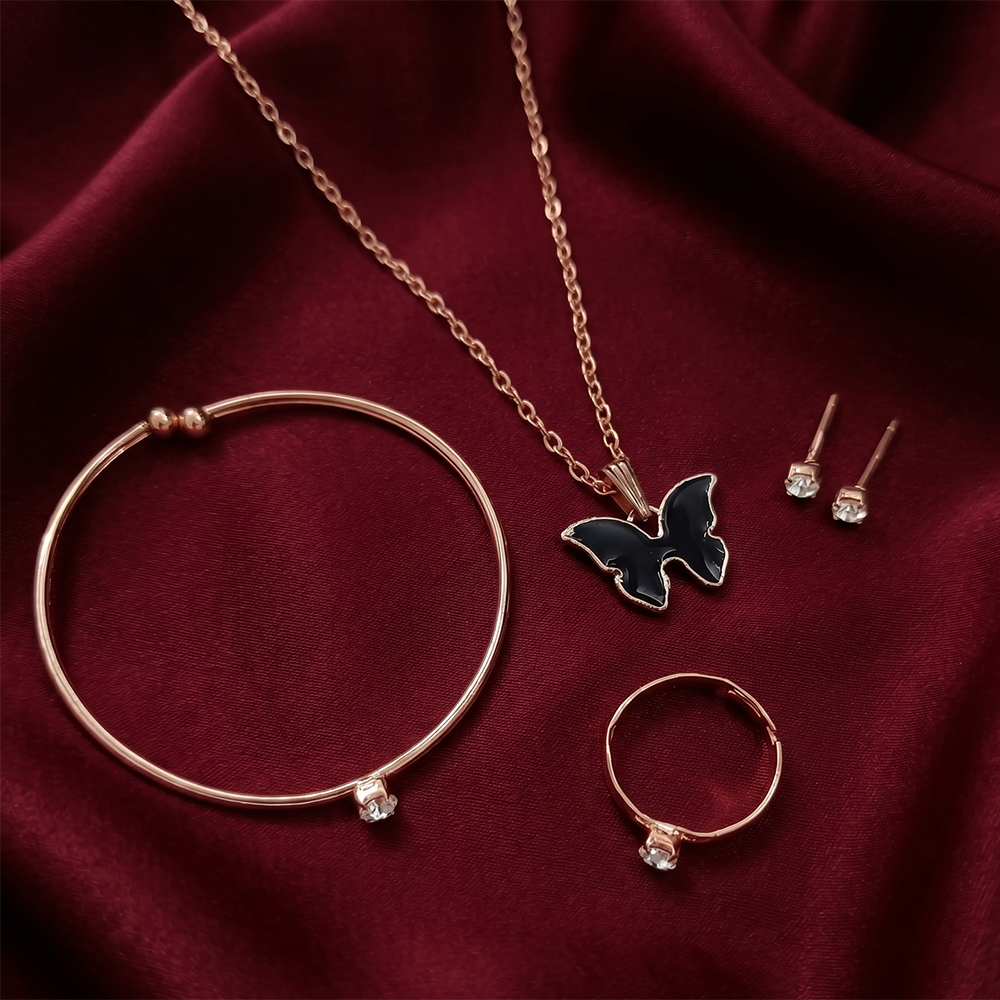 Urthn Rose Gold Plated Chain Pendant Earrings Rings And Bracelet Jewellery Combo Set