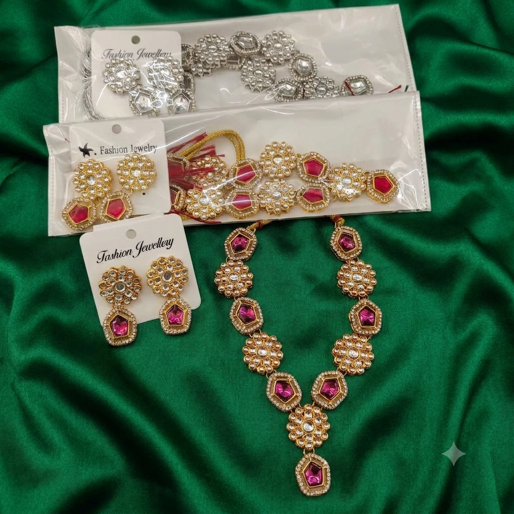 Urthn Gold Plated Kundan Stone Fashion Jewellery Combo Set