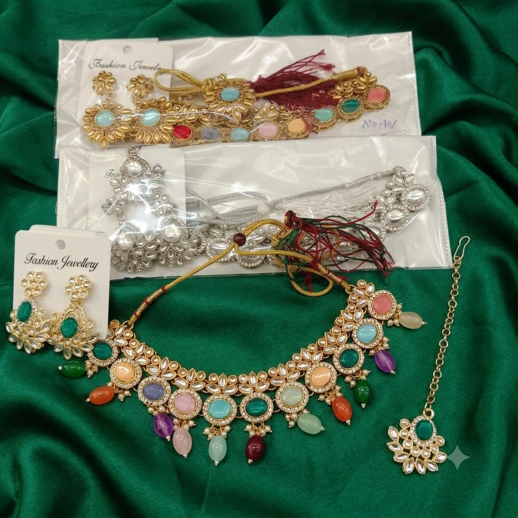 Urthn Gold Plated Kundan Stone And Beads Fashion Jewellery Combo Set