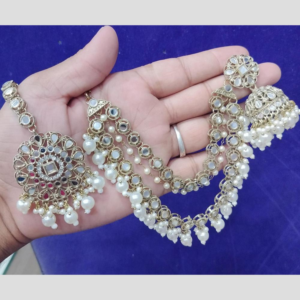 Om Creations Traditional Mirror Pearl And Beads Jhumki With Matching Maangtikka