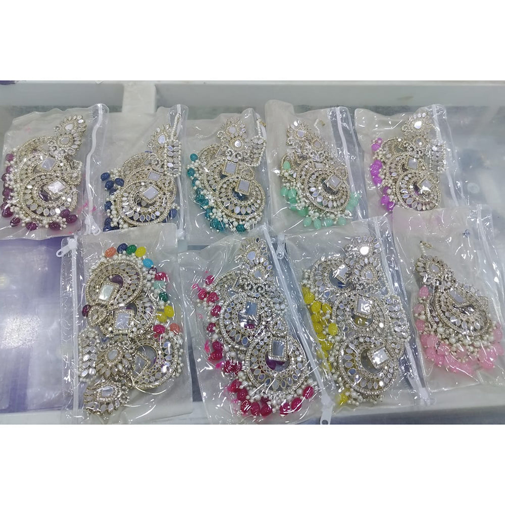 Om Creations Designer Mirror Beads And Pearl Dangler Earrings with Maangtikka