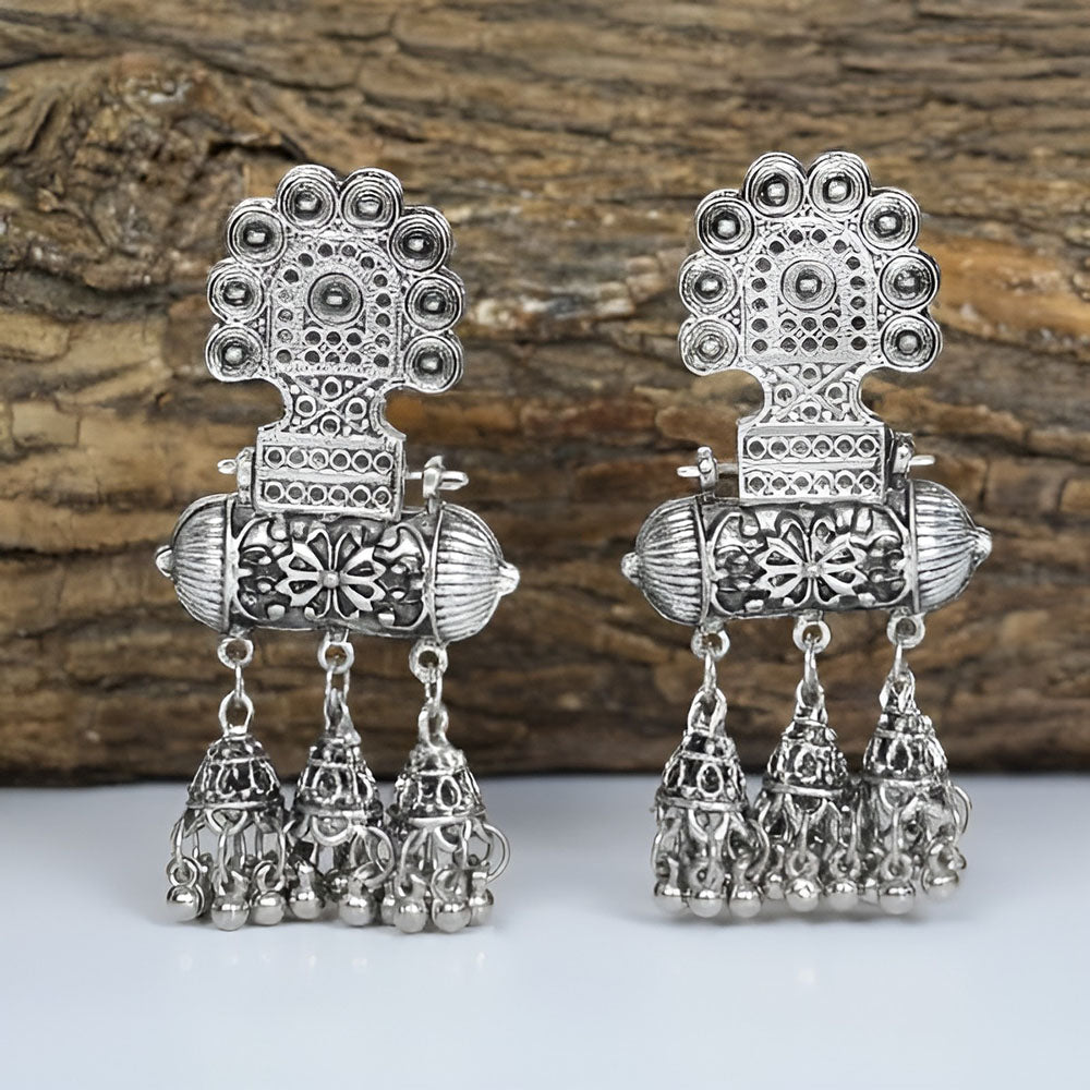 Bevy Pearls Vintage Oxidised Finish Pearl Jhumkis Earrings (Pack of 3)