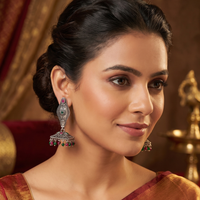 Wearhouse Fashion Oxidised Plated Pota Stone And Pearl Jhumki Earrings