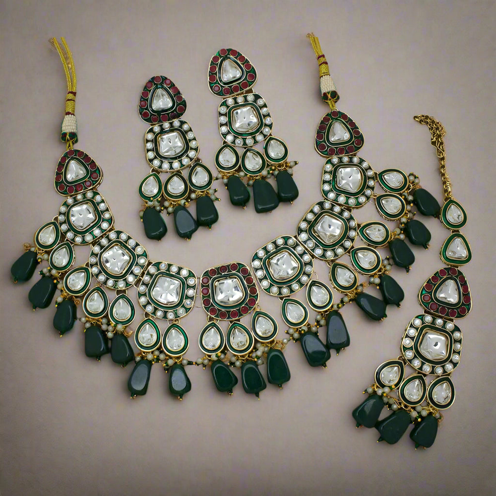 Manisha Jewellery Gold Plated Pota Stone And Pearls Meenaakri Necklace Set
