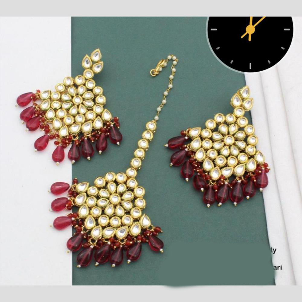 Manisha Jewellery Gold Plated Kundan Stone And Beads Earrings With Maangtikka
